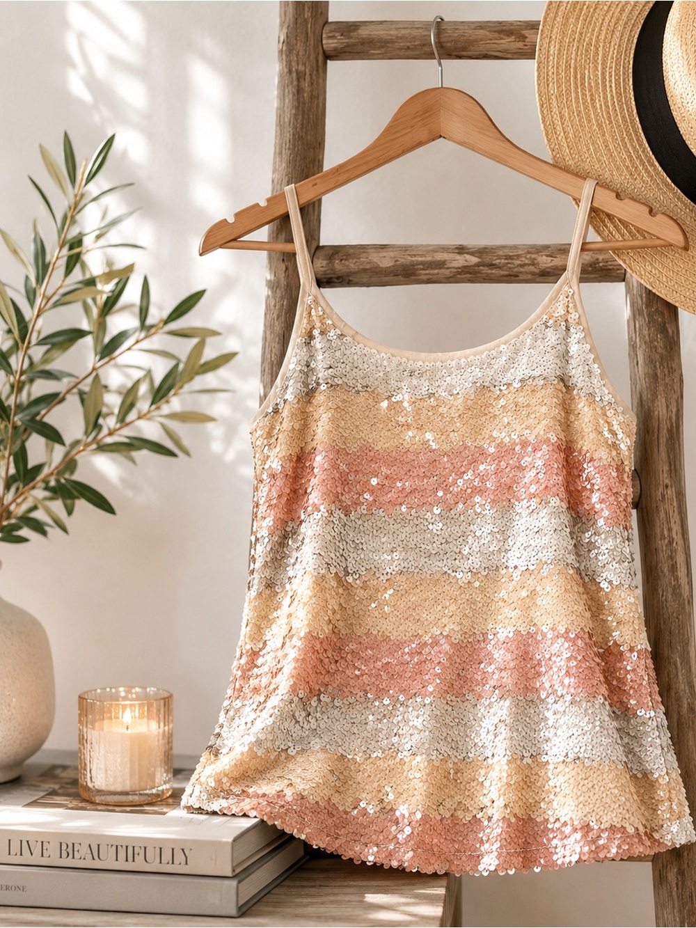 Tiny Anthropologie Sequin Cami Tank Top Pink Gold Velvet Trim NWT Large